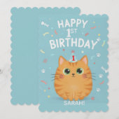 Cute Orange Tabby Cat 1st Birthday | Customizable 招待状 (正面/裏面)