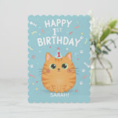 Cute Orange Tabby Cat 1st Birthday | Customizable  招待状 (スタンド正面)