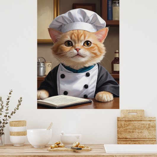 Cute Orange Tabby Cat Chef Cooking Illustration  ポスター (キッチン)