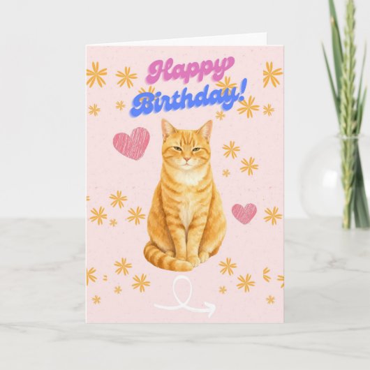 Cute Orange Tabby Cat Happy Birthday Card - Retro カード (正面)