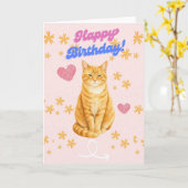 Cute Orange Tabby Cat Happy Birthday Card - Retro カード (黄色い花)