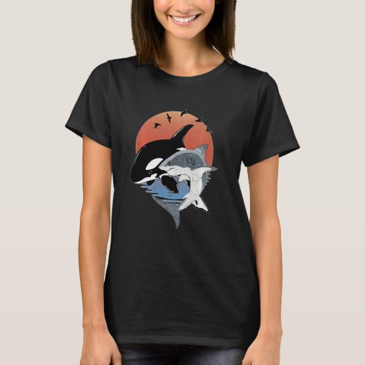 Cute Orca Whale and Shark Samoa Polynesia Long Sle Tシャツ (正面)