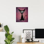 Cute Oriental Black Cat Art on Gothic Purple ポスター (ホームオフィス)
