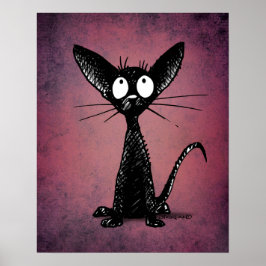 Cute Oriental Black Cat Art on Gothic Purple ポスター