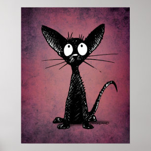 Cute Oriental Black Cat Art on Gothic Purple ポスター