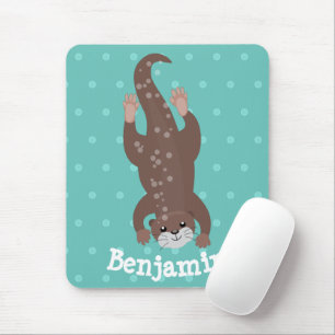 Cute otter diving on teal cartoon illustration マウスパッド