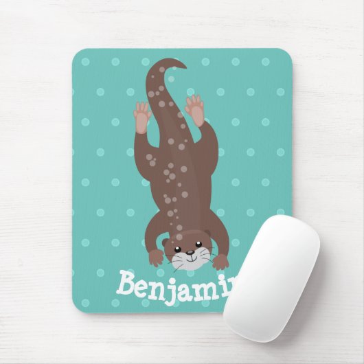 Cute otter diving on teal cartoon illustration マウスパッド (マウス)