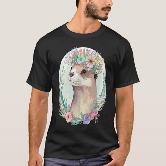Cute Otter Flower Crown Floral Animal Tシャツ (正面)