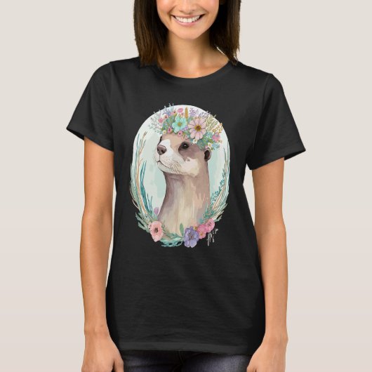 Cute Otter Flower Crown Floral Animal Tシャツ (正面)