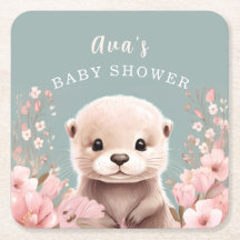 Cute Otter Girl Baby Shower Sage & Pink Floral