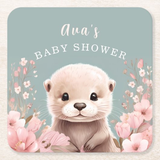 Cute Otter Girl Baby Shower Sage & Pink Floral スクエアペーパーコースター (正面)