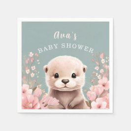 Cute Otter Girl Baby Shower Sage & Pink Floral スタンダードカクテルナプキン