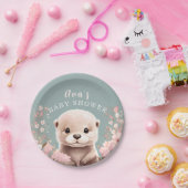 Cute Otter Girl Baby Shower Sage & Pink Floral ペーパープレート (パーティー)