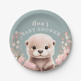 Cute Otter Girl Baby Shower Sage & Pink Floral ペーパープレート