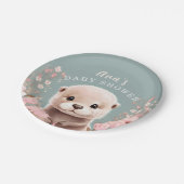 Cute Otter Girl Baby Shower Sage & Pink Floral ペーパープレート (アングル)