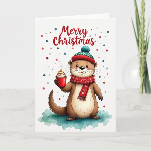 Cute Otter Hot Cocoa Merry Christmas Holiday Card カード (正面)