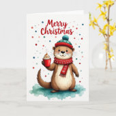 Cute Otter Hot Cocoa Merry Christmas Holiday Card カード (黄色い花)
