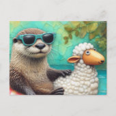 Cute Otter in a Floating Sheep Floatie on a River ポストカード (正面)