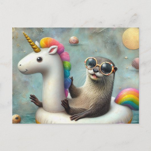 Cute Otter in a Floating Unicorn ポストカード (正面)