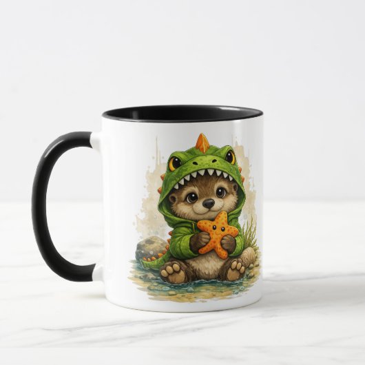 Cute Otter in Dinosaur Costume with Starfish Coffe マグカップ (左)