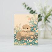 Cute Otter Peeking Over Log in Meadow ポストカード (スタンド正面)