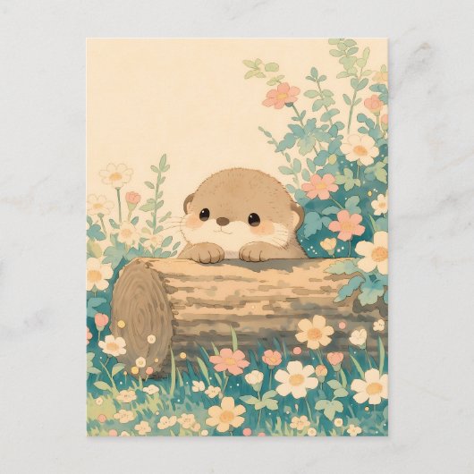 Cute Otter Peeking Over Log in Meadow ポストカード (正面)