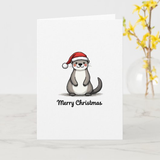 Cute Otter Santa Hat Winter Animal Merry Christmas カード (黄色い花)