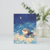 Cute Otter Swimming Under Crescent Moon ポストカード (スタンド正面)