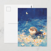 Cute Otter Swimming Under Crescent Moon ポストカード (正面/裏面)
