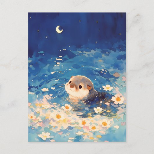 Cute Otter Swimming Under Crescent Moon ポストカード (正面)