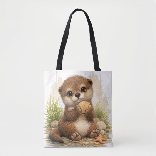Cute Otter Tote Bag – Kawaii Beach Animal トートバッグ (正面)