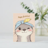 Cute Otter with Bandana Kids Birthday Invitation ポストカード (スタンド正面)