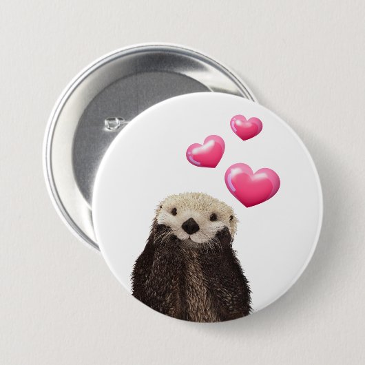Cute Otter with Pink Love Hearts 缶バッジ (正面&裏面)