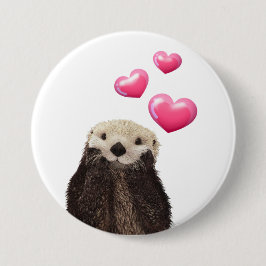 Cute Otter with Pink Love Hearts 缶バッジ