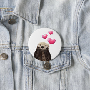 Cute Otter with Pink Love Hearts 缶バッジ