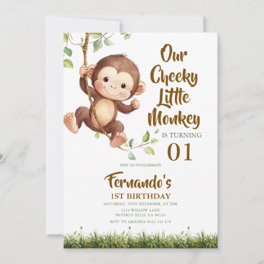 Cute Our Cheeky Little Monkey Safari 1st Birthday  招待状 (正面)