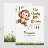Cute Our Cheeky Little Monkey Safari 1st Birthday  招待状 (正面/裏面)