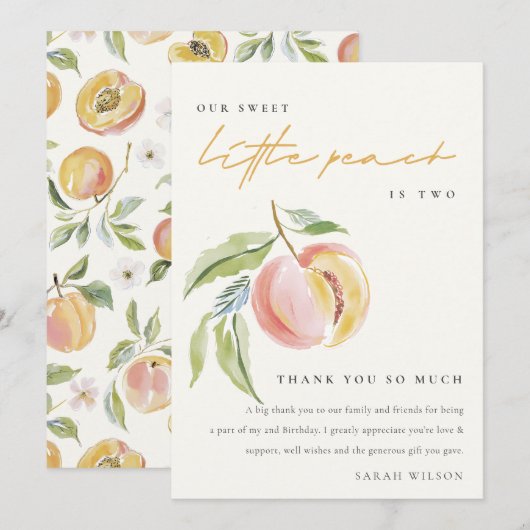Cute Our Little Sweet Peach Watercolor Birthday サンキューカード (正面/裏面)