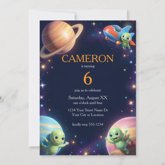Cute Outer Space Aliens Birthday Party 招待状 (正面)