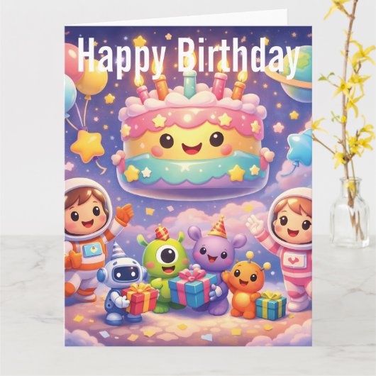 Cute Outer Space Birthday Party with Astronauts  カード (黄色い花)