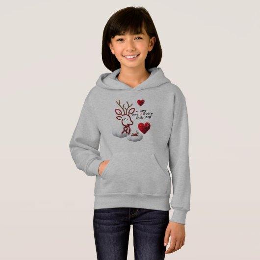 Cute Outline Reindeer Love Hearts Girls' Pullover  (正面フル)