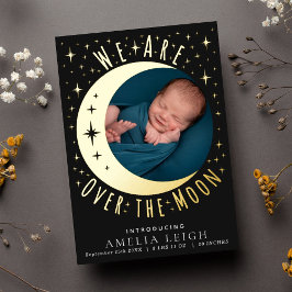 Cute Over the Moon Photo Birth Announcement Card 箔招待状
