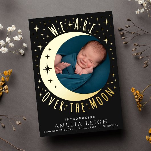 Cute Over the Moon Photo Birth Announcement Card 箔招待状