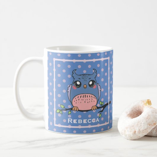 Cute Owl Art Dotty Personalised Blue and Pink  コーヒーマグカップ (ドーナツ)