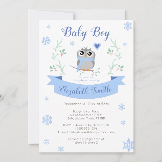 Cute owl baby boy winter babyshower 招待状 (正面)
