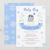 Cute owl baby boy winter babyshower 招待状 (正面/裏面)