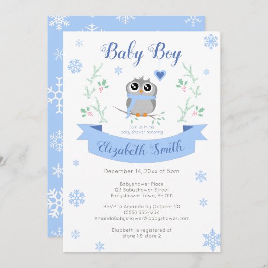 Cute owl baby boy winter babyshower 招待状 (正面/裏面)