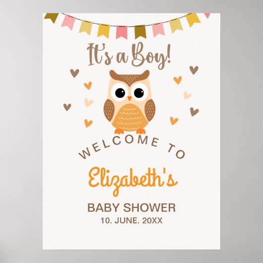 Cute Owl Baby Shower Invitation – 'It's a Boy' ポスター (正面)