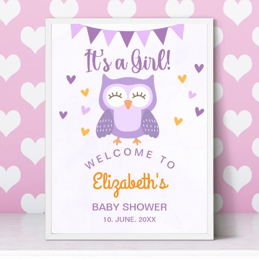 Cute Owl Baby Shower Invitation – 'It's aGirl' ポスター