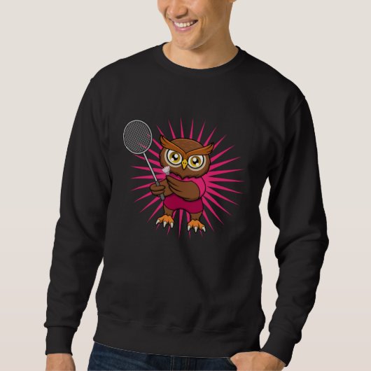 Cute Owl Badminton Player Forest Animal Sports スウェットシャツ (正面)